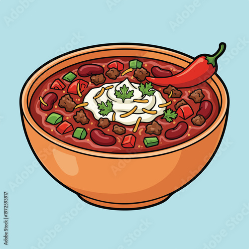 A vibrant vector illustration of a warm bowl of beef chili topped with sour cream, cheese, and cilantro, garnished with a fresh red pepper.