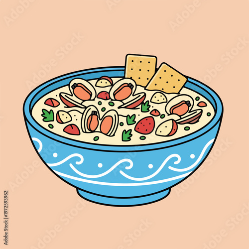 A vector illustration depicts a blue bowl of creamy clam chowder filled with clams, potatoes, and herbs, served with two crackers.