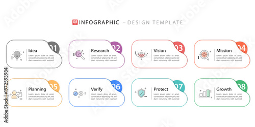 Timeline Creator infographic template. 8 Step timeline journey, calendar Flat simple infographics design template. presentation graph. Business concept with 8 options, gantt vector illustration.