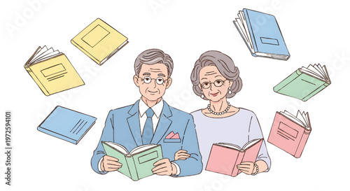 Smiling senior couple reading books surrounded by floating literature
