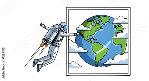 Astronaut reaching out to Earth in space suit, symbolizing exploration and environmental care