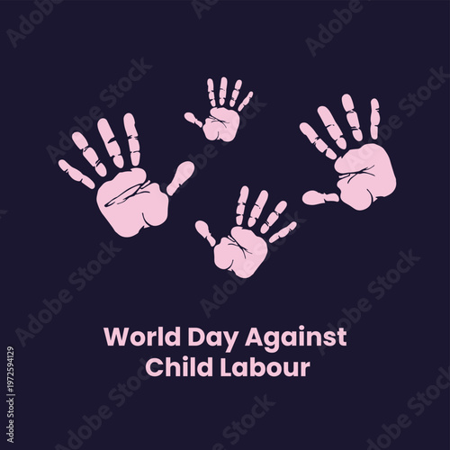 World Day Against Child Labour poster, silhouette of a child holding a heavy pickaxe, social awareness vector illustration for human rights