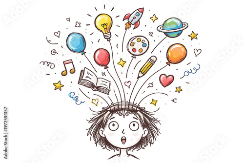 Icon simple messy escaping balloons from uneven vector imagination ideas head like