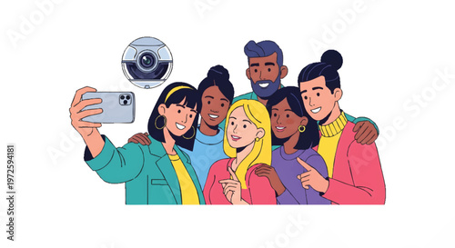 Diverse group of friends taking a selfie together outdoors