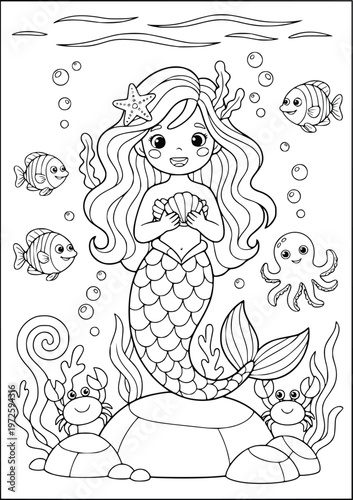 Mermaid coloring page features a cute character with sea friends underwater