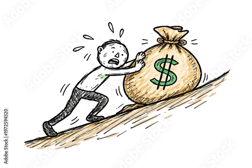 Icon simple vector image generation struggle person uphill money pushing messy financial