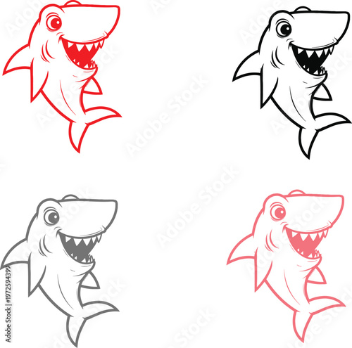 Four stages of drawing a cartoon shark with colored outlines