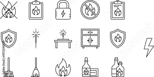 Fire safety and hazard icons set including flame warning extinguisher protection shield storage and housekeeping symbols vector illustration