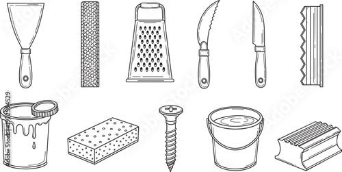 Hand drawn construction tools vector set including scraper file grater knives paint bucket sponge screw and decorative molding illustration
