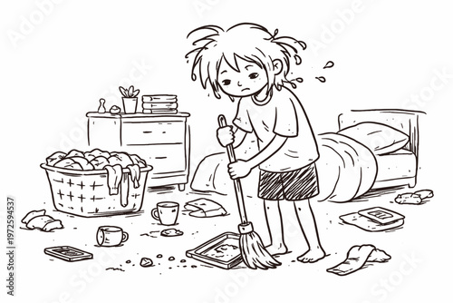 Vector uneven icon slow room minimal concept routine person cleaning messy lines