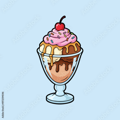 A vibrant cartoon illustration of a delicious ice cream sundae in a glass cup, topped with syrups, sprinkles, whipped cream, and a cherry.