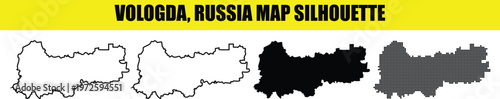 Vologda russia map silhouette in white outline solid black and dotted styles isolated on transparent background.