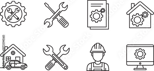 Home repair and maintenance icons set including tools gear technician house service settings and construction support vector illustration