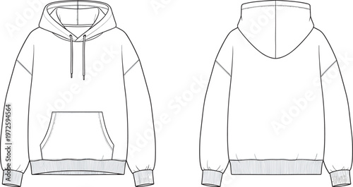 Hoodie sweatshirt vector template front and back view casual apparel design with hood pocket and drawstring detailed illustration