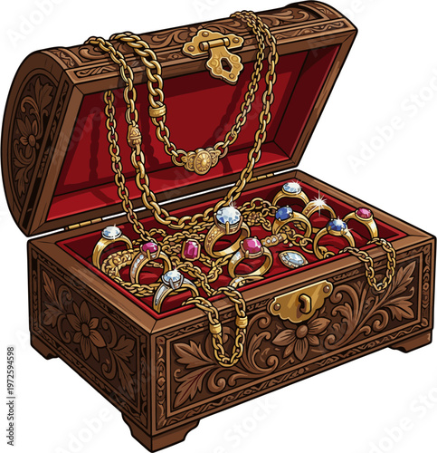 glorious ancient wooden treasure chest overflowing with riches