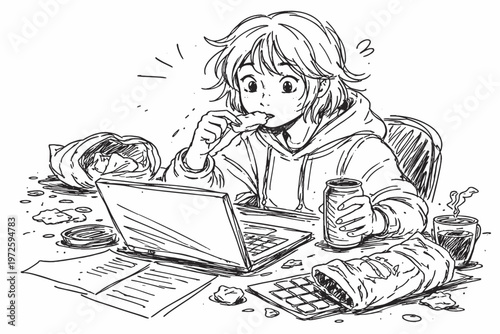 Vector messy distraction image simple eating snacks working person generation icon while