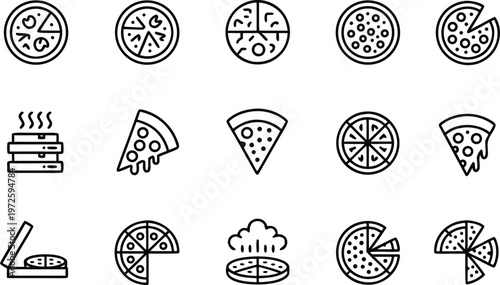 Pizza restaurant icon set including whole pizzas pepperoni slices delivery boxes steaming hot food and take out thin line cad drawing flat vector illustration