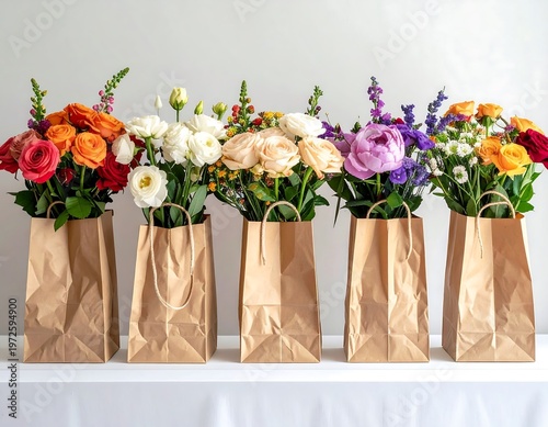 Five Brown Paper Bags Filled With Assorted Fresh Flowers.