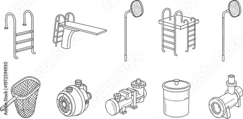 Swimming pool equipment vector set including ladder diving board shower skimmer pump filter and maintenance tools illustration