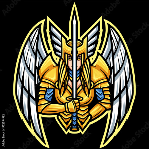 Vector graphic illustration of a Valkyrie warrior holding a sword in detailed fantasy armor, in a powerful and heroic style, isolated on a dark background. Ideal for gaming mascots, esports logo.