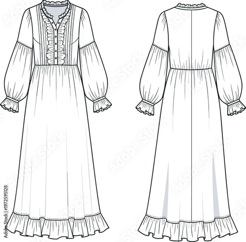 Women long maxi dress vector template front and back view ruffle hem lace detail elegant fashion garment illustration