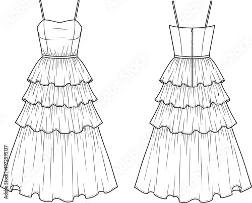 Women layered ruffle dress vector template front and back view elegant sleeveless gown fashion design detailed illustration