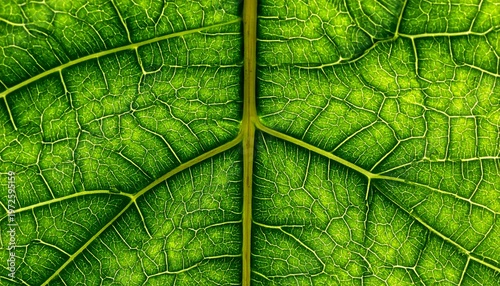 Close-up Macro View of a Vibrant Green Leaf Texture with Intricate Veins.