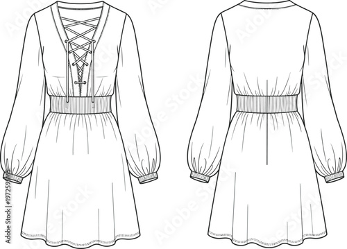 Women long sleeve dress vector template front and back view lace up neckline elegant fashion garment detailed illustration