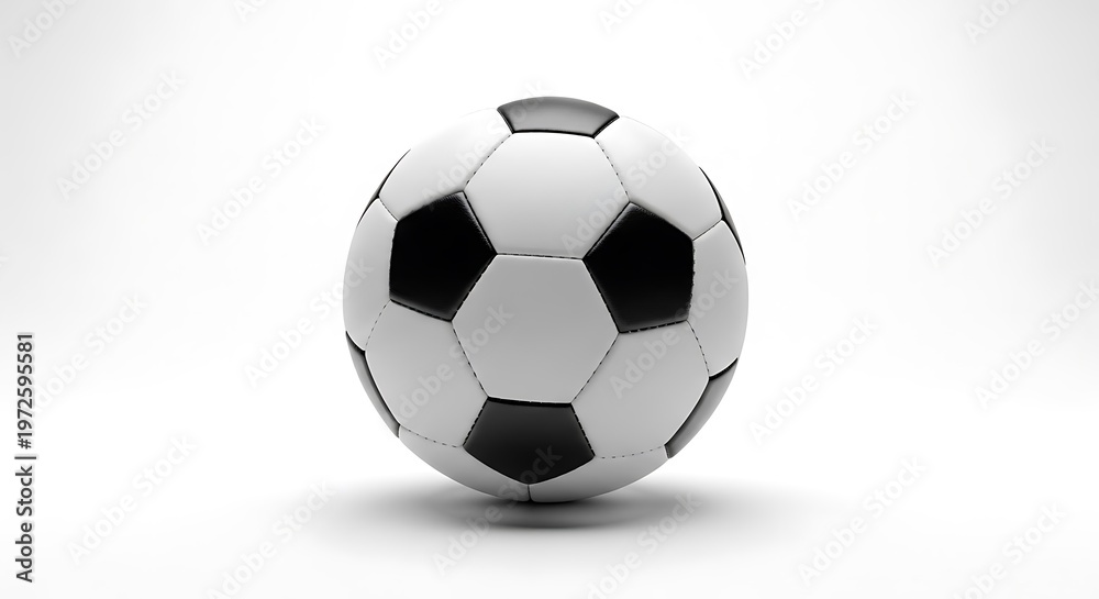 Fototapeta premium Classic black and white soccer ball, perfect sphere shape, studio soft-box lighting, subtle shadow underneath, isolated on pure white background, ultra realistic 