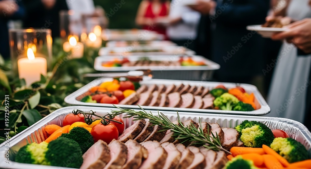 Fototapeta premium Outdoor catering setup with trays of food and illuminated candles. Guests at background