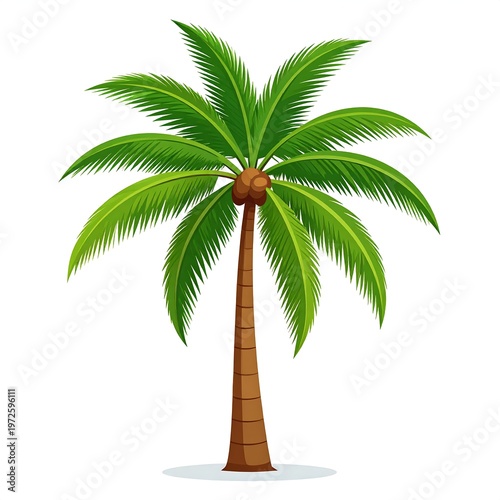 Cartoon palm tree with green fronds and brown trunk. Simple, bright illustration