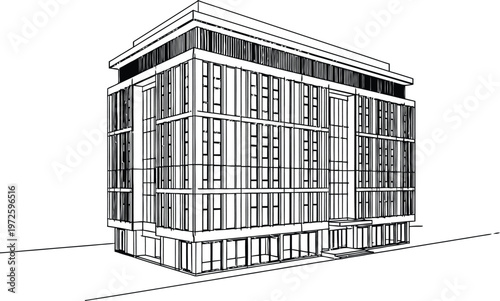 Modern multi-story building with repeating rectangular windows and balconies