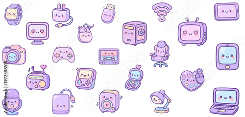 Cute Kawaii Pastel Electronics and Tech Gadgets Vector Illustration Set