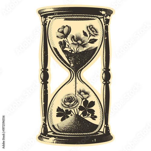 Vintage Hourglass with Blooming Flowers in Retro Halftone Style