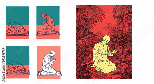 A Man in Prayer, Depicted in Minimalist and Lush Tropical Styles