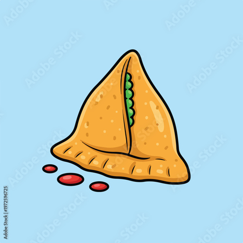 A cartoon illustration of a golden fried samosa with a pea filling and drops of red chutney on a light blue background.