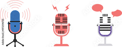 Microphone Vector Set with Unique Designs and Sound Wave Effects for Audio, Podcasting, and Communication Illustrations