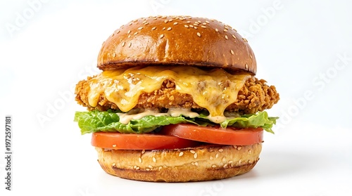 Gourmet chicken burger with fresh lettuce, tomato, and golden toasted brioche bun on white background