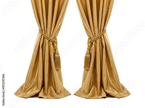 Shimmering gold satin curtains with elegant tassel tiebacks and heavy folds isolated transparent background image