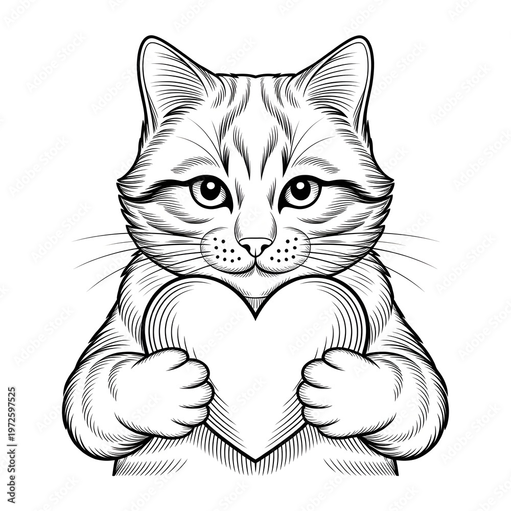 Fototapeta premium Whimsical black and white drawing of a cute cat holding a heart shape with its paws