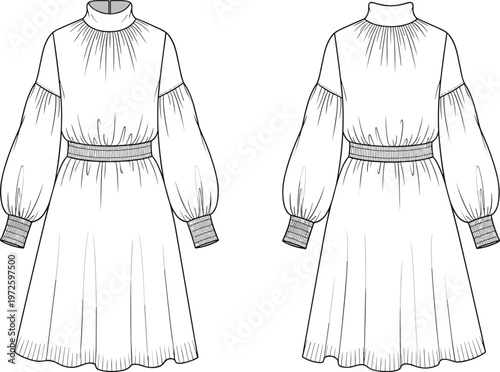 Women high neck long sleeve dress technical fashion flat sketch front and back view elegant smocked waist modern apparel vector template