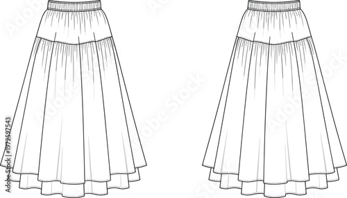 Women layered midi skirt technical fashion flat sketch with elastic waistband, flared silhouette, front and back views, elegant casual apparel design template
