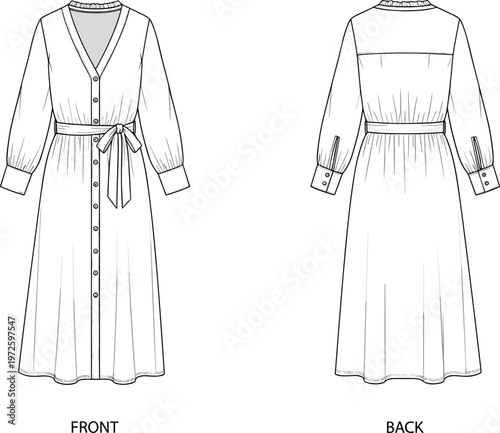 Εκτύπωση καμβά Women long sleeve midi shirt dress with belt technical fashion flat sketch front