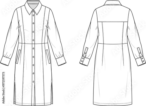 Women long sleeve shirt dress technical fashion flat sketch front and back view button down modern casual apparel vector template design