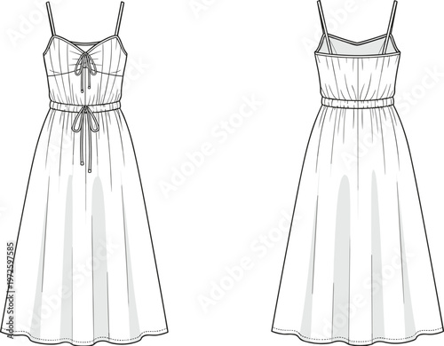 Women maxi dress technical fashion flat sketch with front and back view, tie front detail, flowing summer apparel template isolated on white background