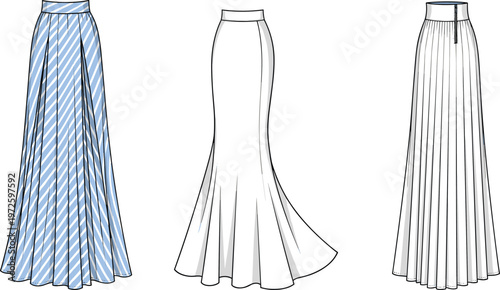 Women maxi skirt collection technical fashion flat sketch pleated flared and mermaid styles front view modern apparel vector template design