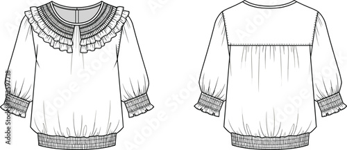 Women ruffle neck blouse technical fashion flat sketch with front and back view, smocked cuffs detail, elegant apparel template isolated on white background