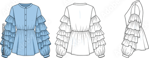 Women ruffle sleeve blouse technical fashion flat sketch front back and side view long sleeve elegant modern apparel vector template design