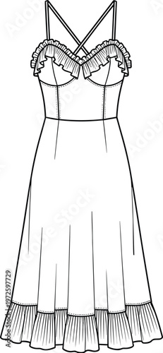 Women ruffle strap midi dress technical fashion flat sketch with fitted bodice and flared hem, elegant summer apparel template isolated on white background