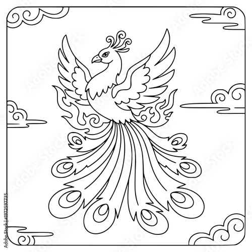 Phoenix mythical bird with long tail and clouds for creative coloring art